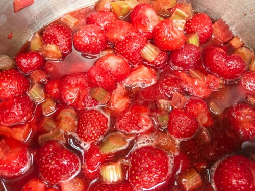 start of cooking strawberry rhubarb sauce in pot