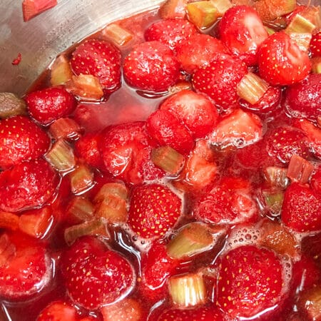 start of cooking strawberry rhubarb sauce in pot