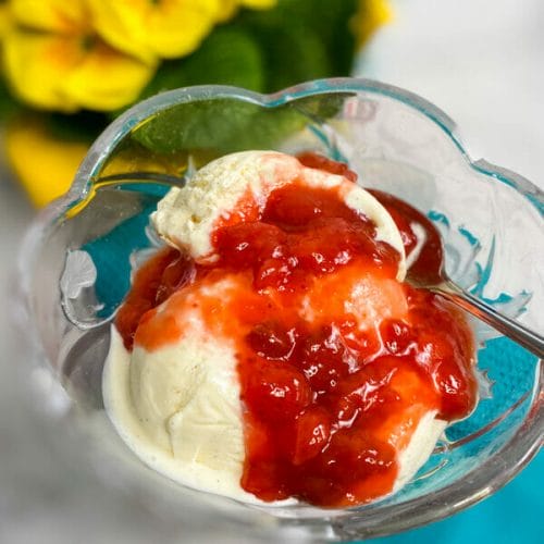 strawberry rhubarb sauce on ice cream