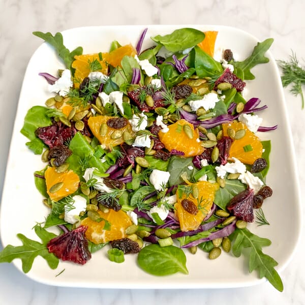 citrus salad on plate with blood oranges