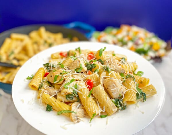 creamy chicken mushroom and spinach pasta on plate