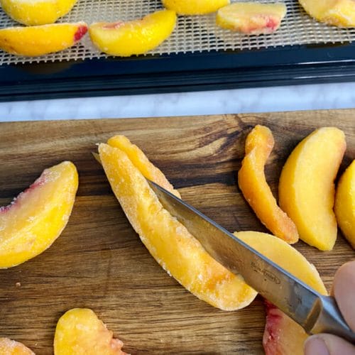 cutting frozen peaches to size