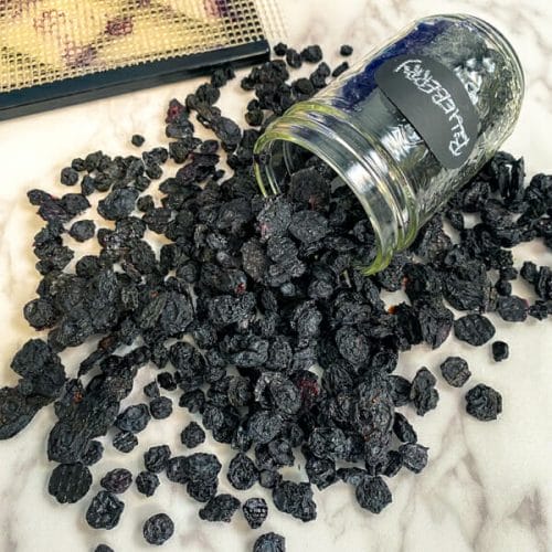 tipped jar of dehydrated blueberries