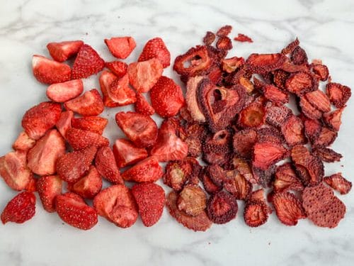 freeze dried and dehydrated strawberries beside each other
