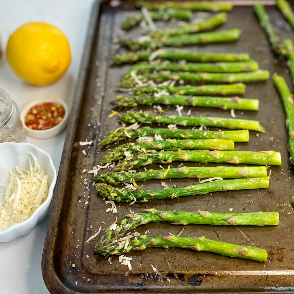 asparagus on baking sheet out of oven