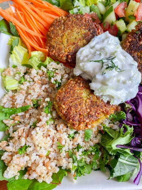 quinoa and bulgur mix in falafel salad