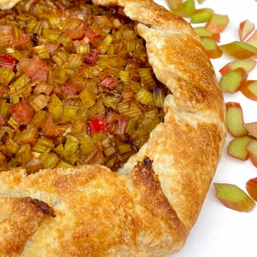 galette, close up of individual rhubarb pieces in baked crust
