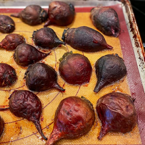 roasted beets on pan out of oven