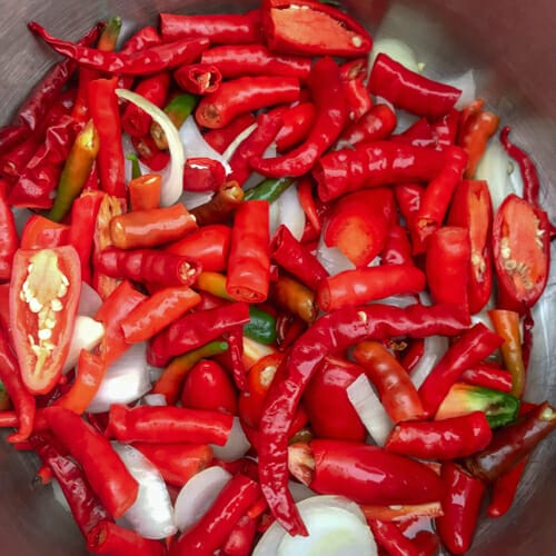 mix of peppers onions and garlic in pot