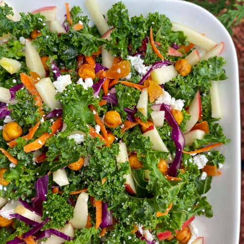 Stunning Kale and Apple Salad with Feta and Roasted Chickpeas