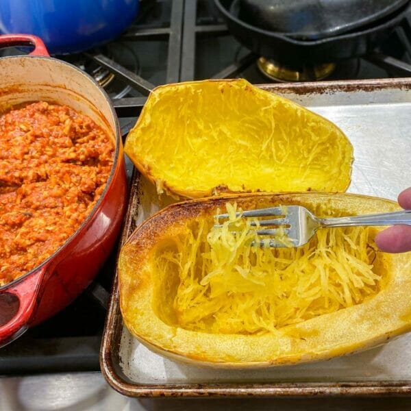 fork and strands of spaghetti squash