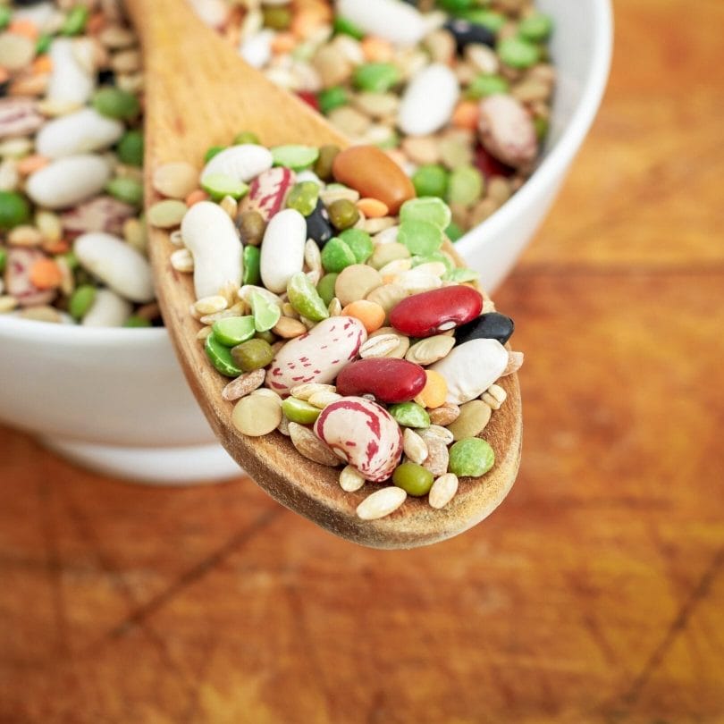 Mixed beans on a wooden spoon