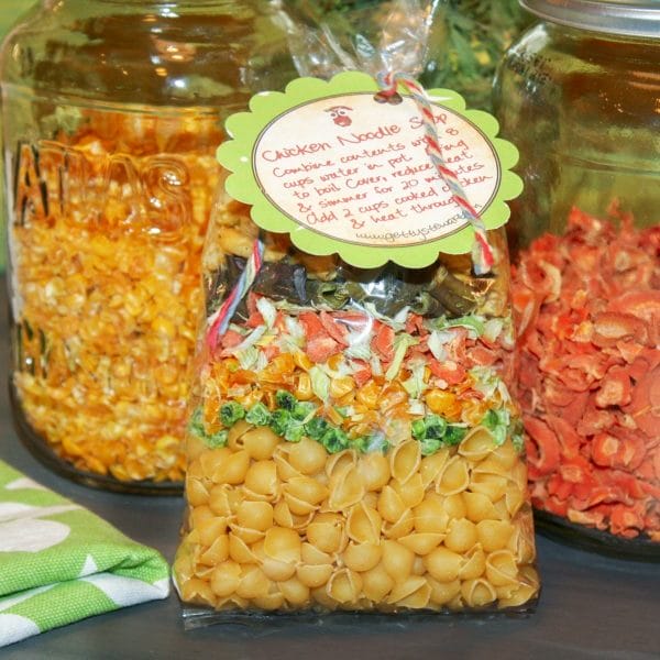Chicken noodle soup mix in a gift bag with decorative tag. Dry ingredients in jars in the background.