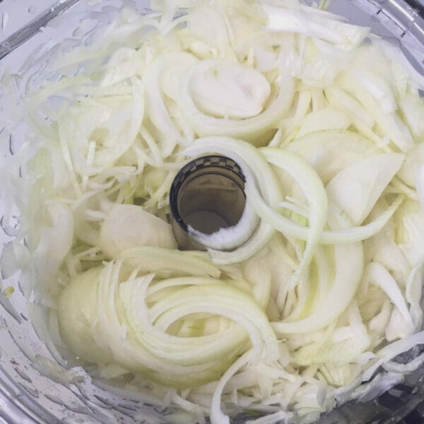 sliced onions in food processor