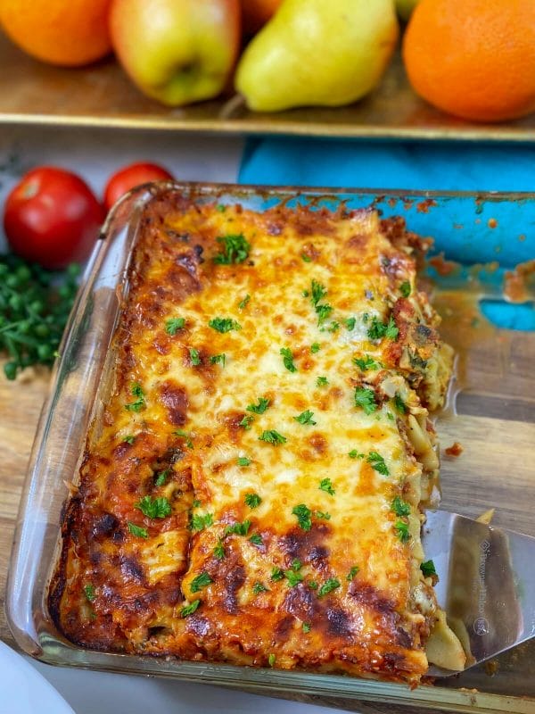 finished baked pasta with spatula