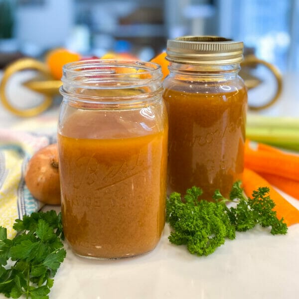 finished veggie soup stock in jars