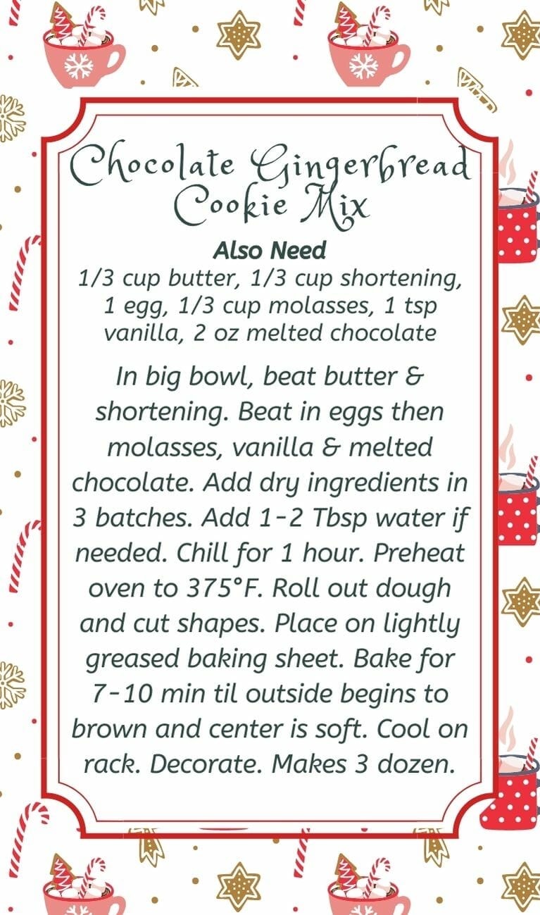 Decorative Chocolate Gingerbread cookie mix gift tag including instructions, and additional ingredients.