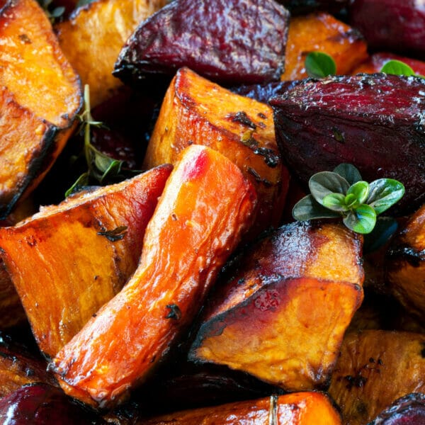 close up of roasted root vegetables