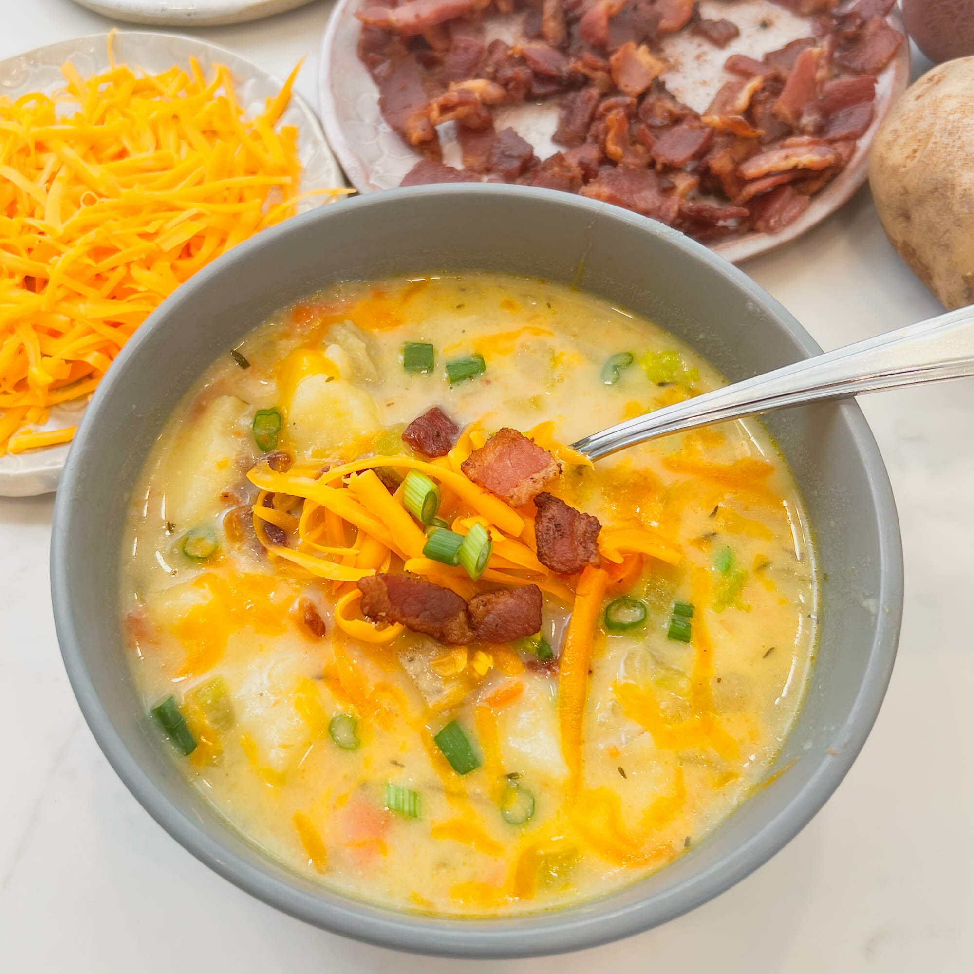 bowl of potato chowder with bacon