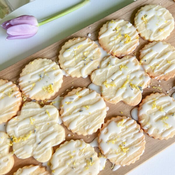 lemon lavender cookies on board with icing