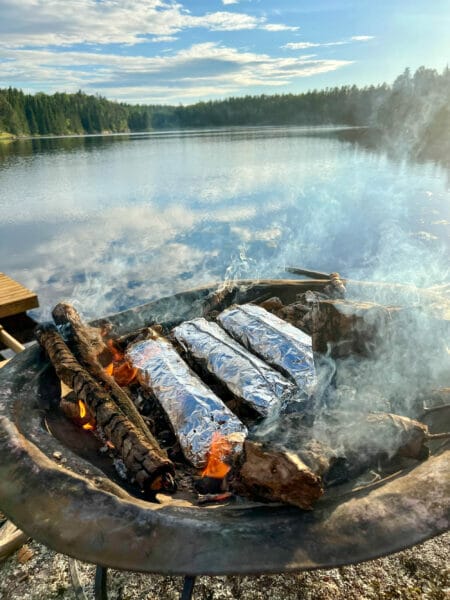 foil pack on coals overlooking lake