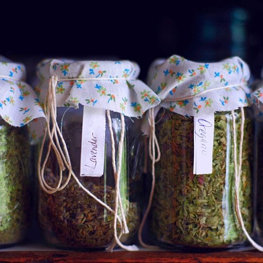 pretty herb jars with cloth and yarn and labels