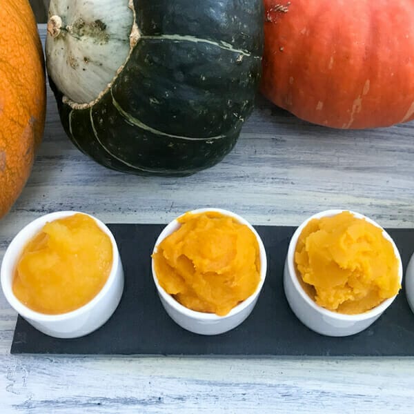 different squash purees in small bowls