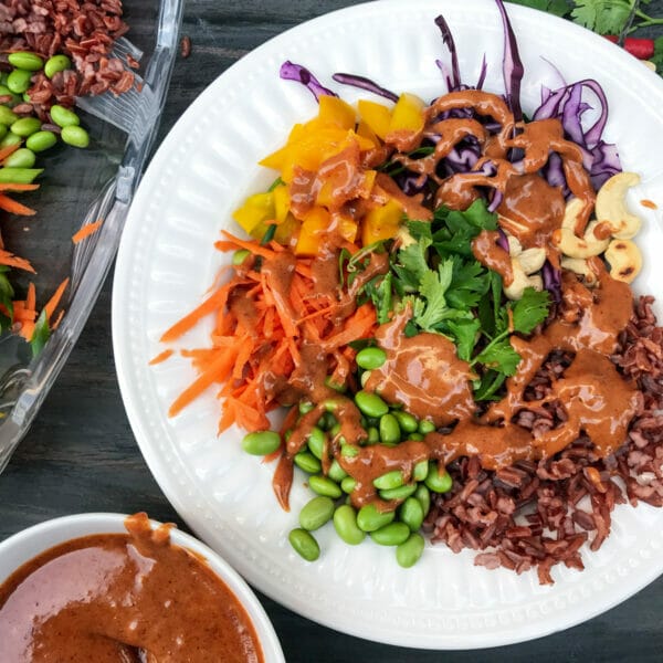red rice, vegetables, cilantro and almond butter dressing on plate
