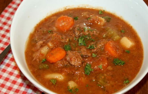 white bowl with stew showing potatoes, carrots and bison
