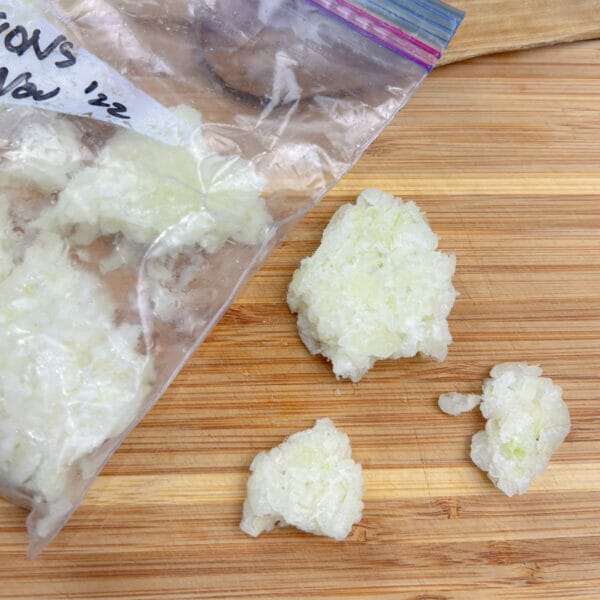 broken pieces of frozen onions with bag 