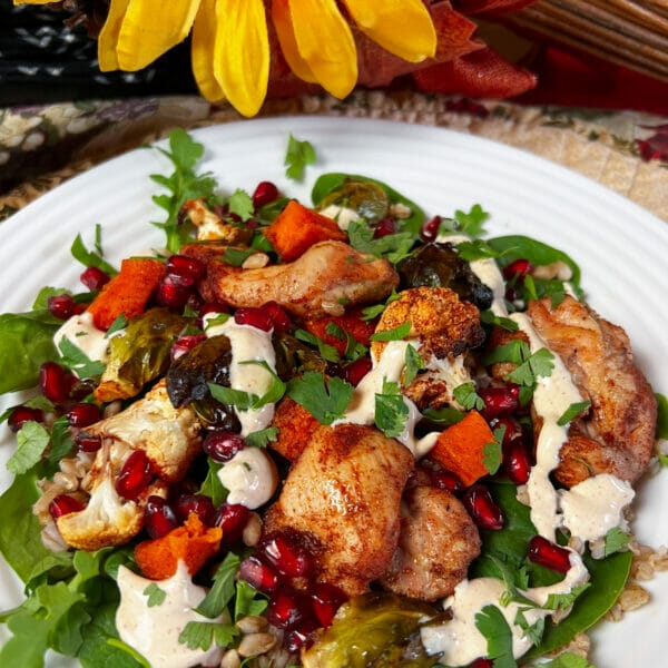 cooked boneless skinless chicken thighs with vegetables and pomegranates on plate
