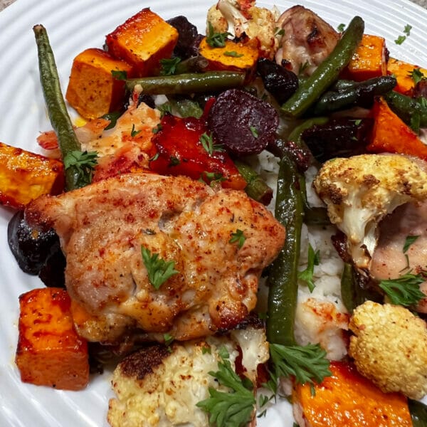 chicken and butternut dinner with green beans and beets