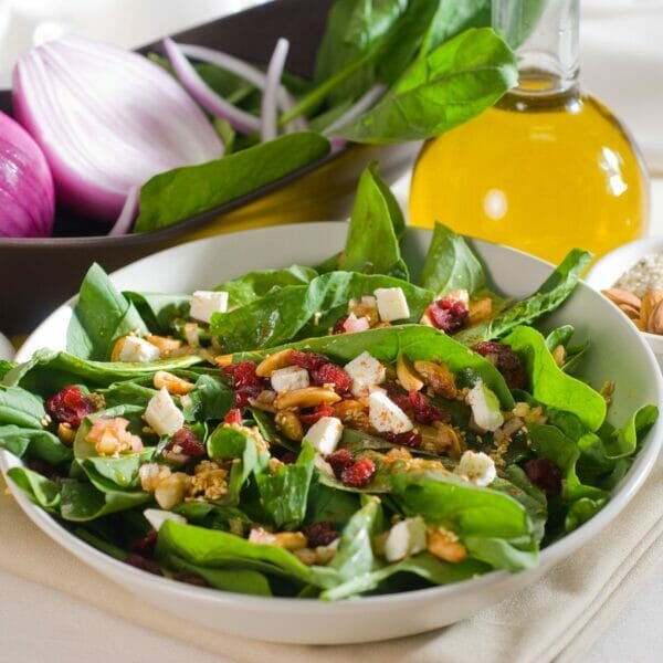 Bowl with spinach salad with dried cranberries and oil and onions in background.