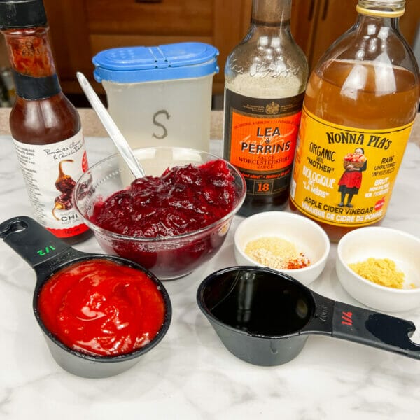 ingredients for bbq sauce laid out on counter

