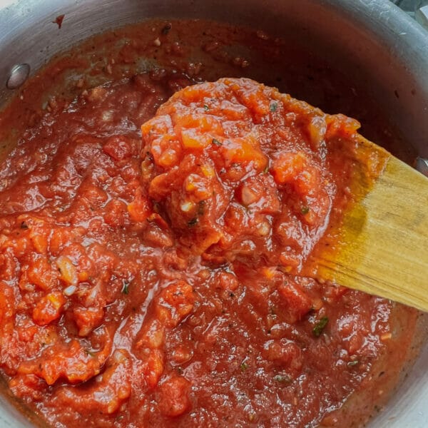 chunky tomato sauce on wooden spoon over pot

