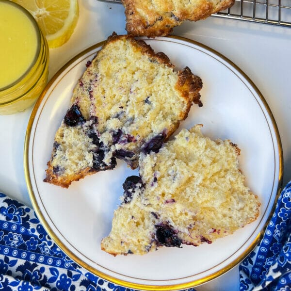 blueberry lemon scone halves opened to show inside crumb