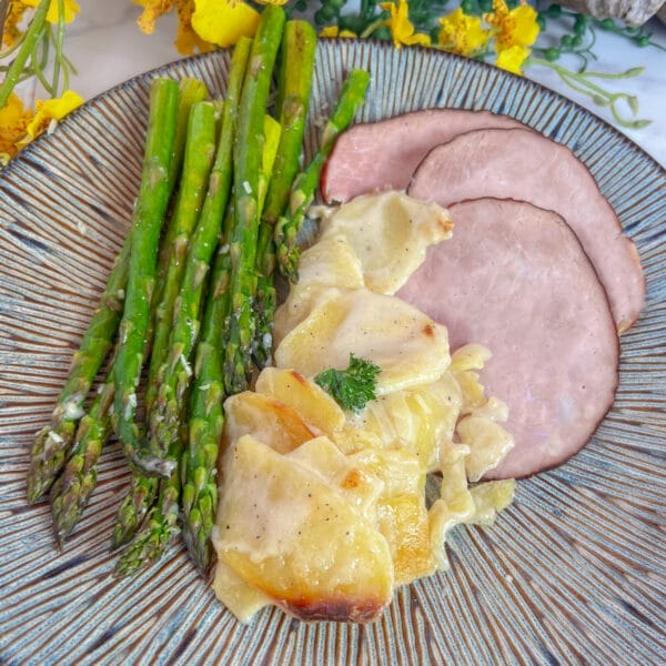 ham with asparagus and scalloped potatoes