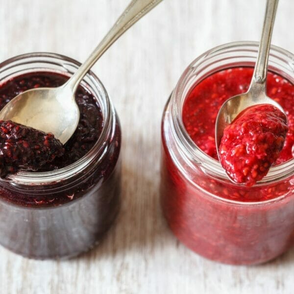 Chia seed jam in jars blackberry and raspberry versions
