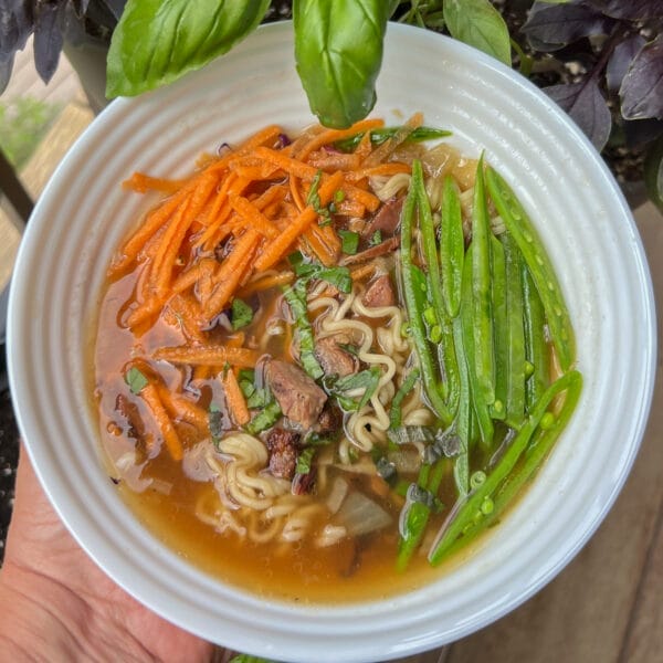 bowl of ramen soup with pork, grated carrots and finely sliced snap peas