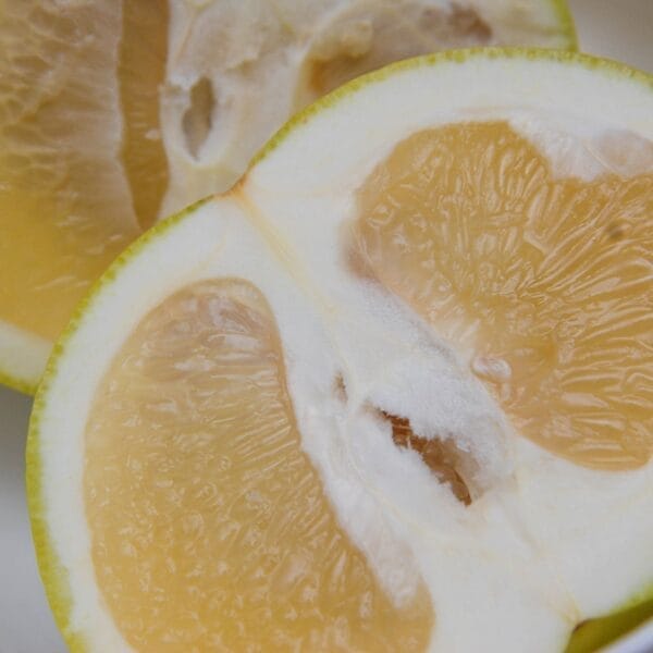 the inside of a pomelo showing the pith and the flesh
