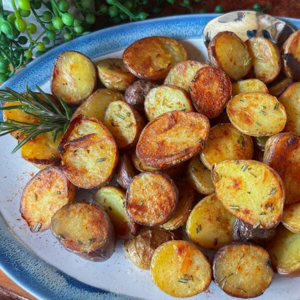 rosemary roasted potatoes on platter
