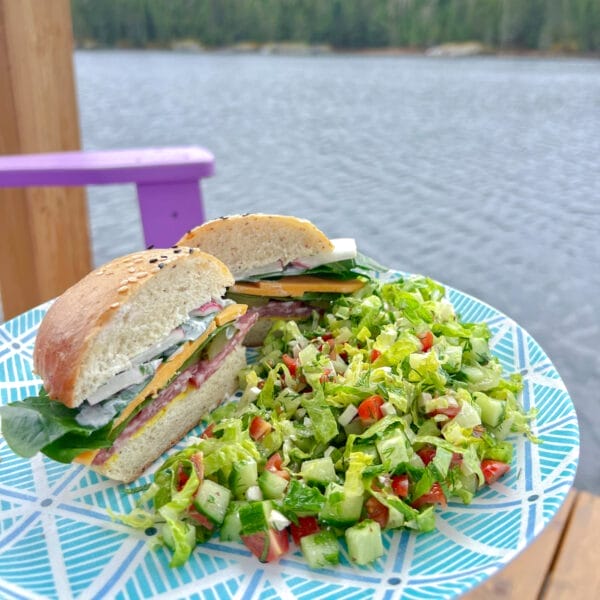 salami bun sandwich on plate with simple green salad by lake